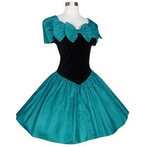 Vintage 80s 90s Blue Green Taffeta Black Bow Full Skirt Prom Party Dress S M